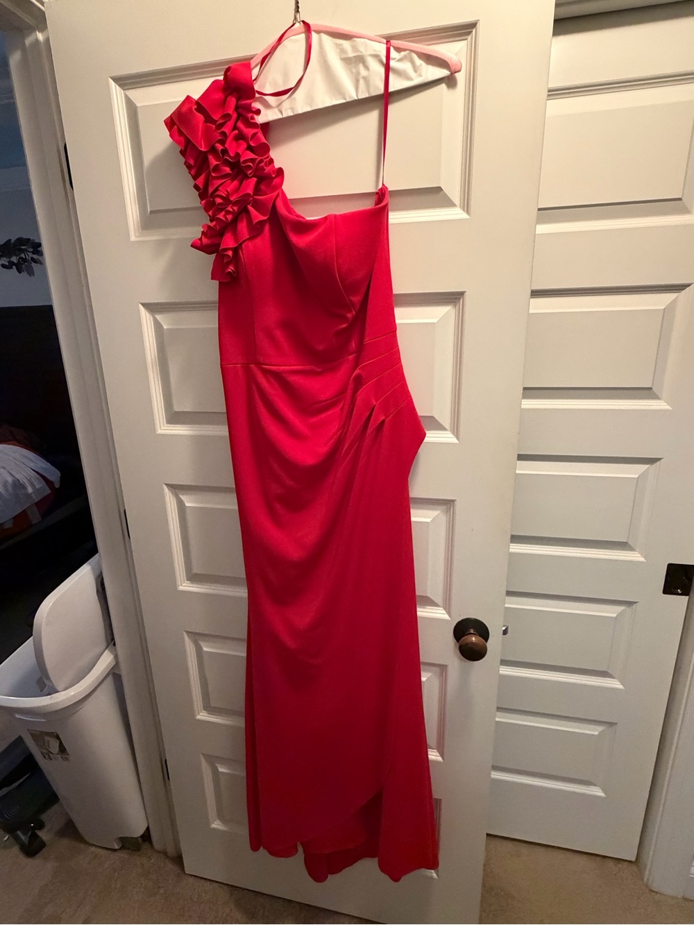 Xscape Red One-Shoulder Ruffle Evening Gown